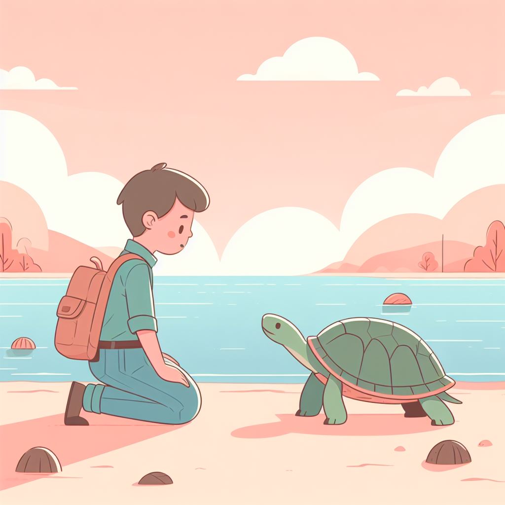 Timmy talking to the turtle at the lake